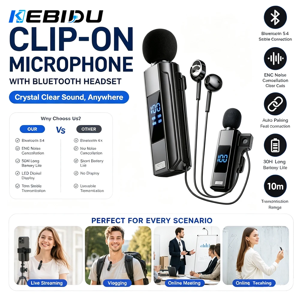 KEBIDUMEI Lavalier-Mikrofon mit Bluetooth-Headset, HD-Anrufe, Geräuschunterdrückung, LED-Leistungsanzeige, kabelloses Mikrofon, Kopfhörer