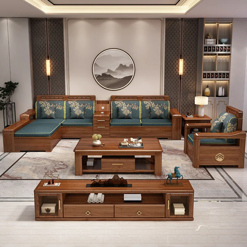New Chinese style walnut solid wood sofa combination, modern and minimalist storage, household living room, style furniture
