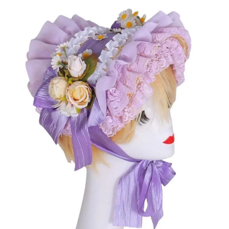 31BB Vintage Victorian Bonnet Hat Adjustable Lace Brims Straw Hat for Special Event