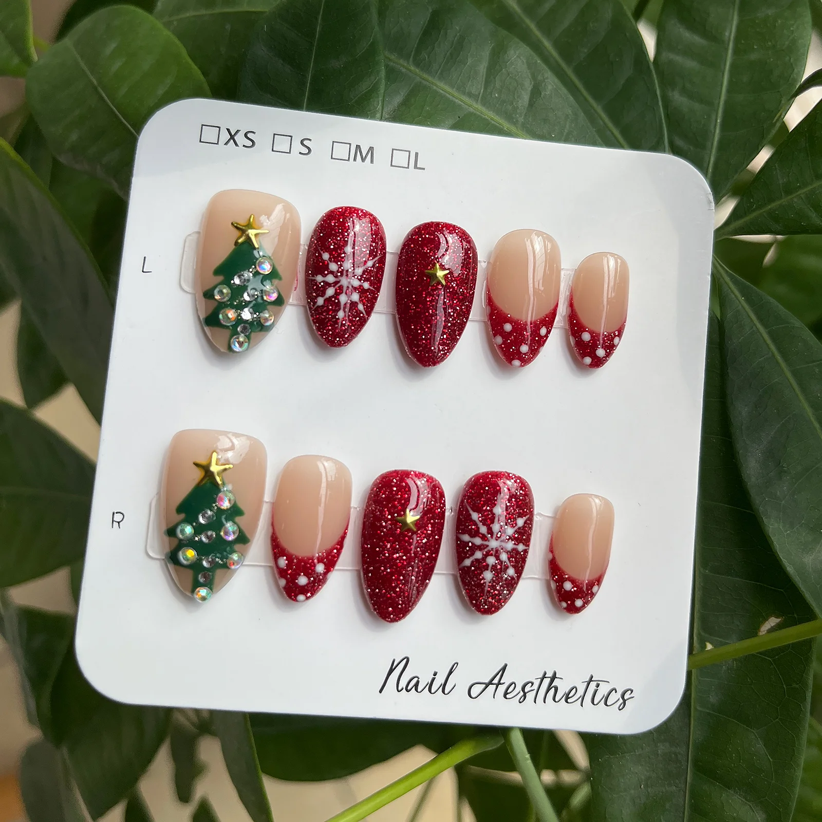 Handmade Short Almond Press On Nails Red Glitter Christmas False Nails Rhinestone Christmas Tree Snowflake Design Reusable 10Pcs