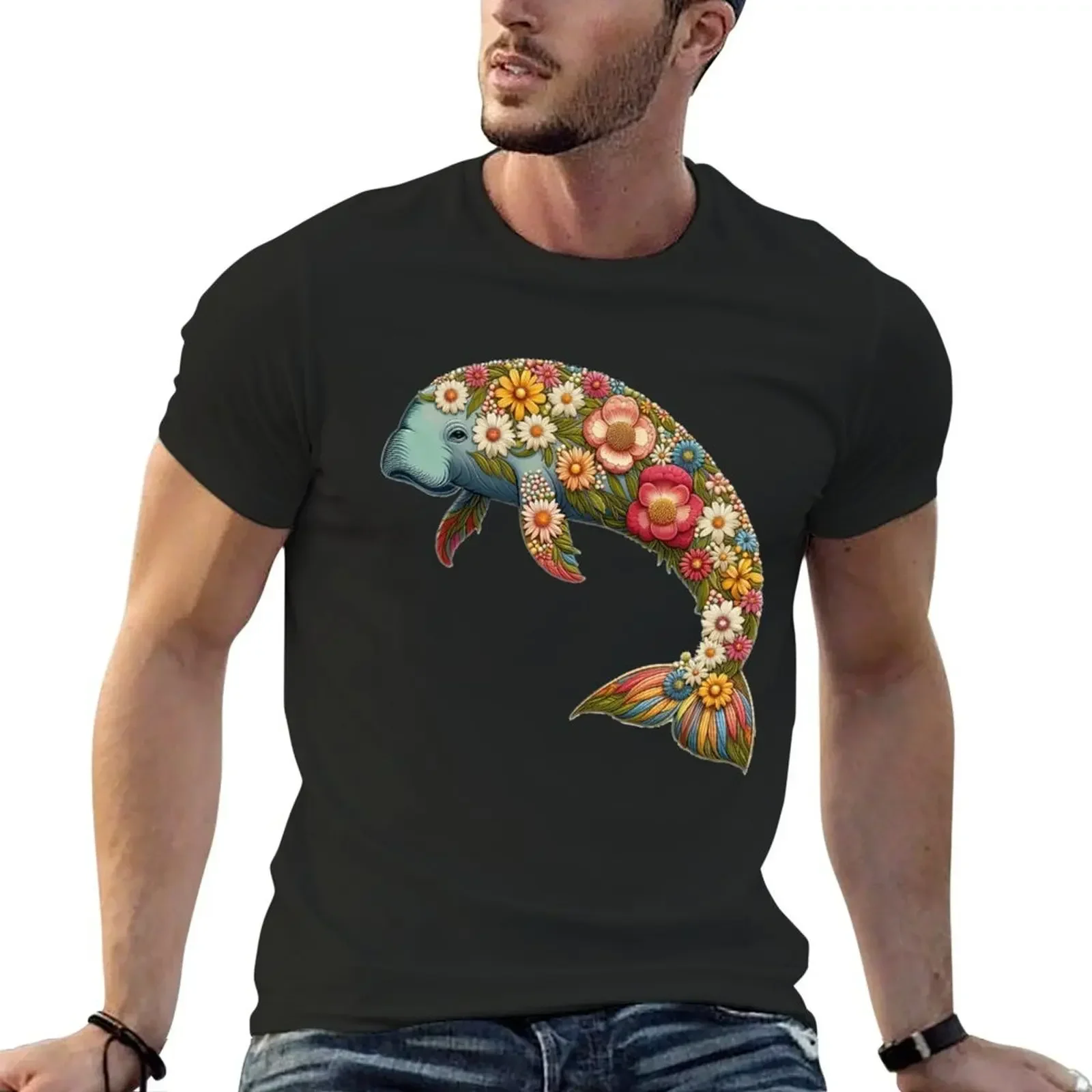 Flower Retro Dugong T-Shirt vintage graphic tee blanks mens cotton t shirts