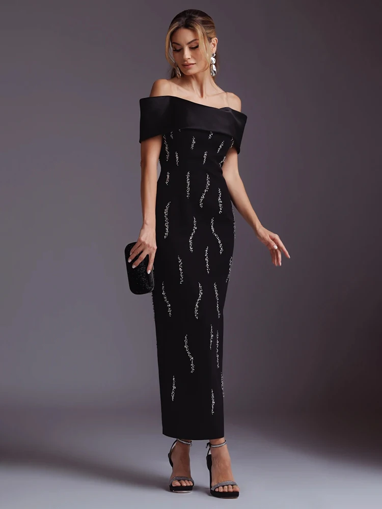 

Gala Timeless Glamour Sequins Pearl-Detailed Black Off-Shoulder Maxi Dress Formal Evening Prom Gown