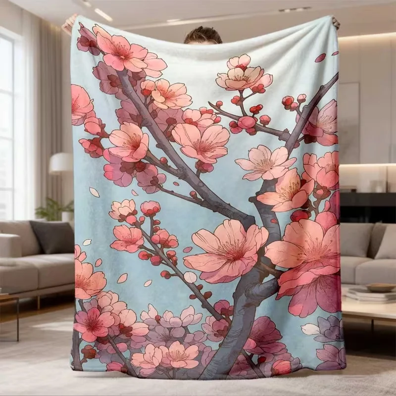 Cherry Blossom Blanket Pink Sakura Branch Print Soft Cozy Blanket Floral Aesthetic Home Decor All Season Blanket