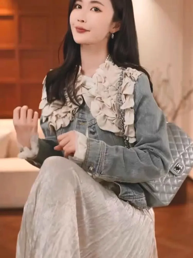 

Faionable ort Denim Jaet, женский кукольный воротник, тяжелая работа, новинка весеннего сезона 2025 года, универсальный повседневный топ Sli