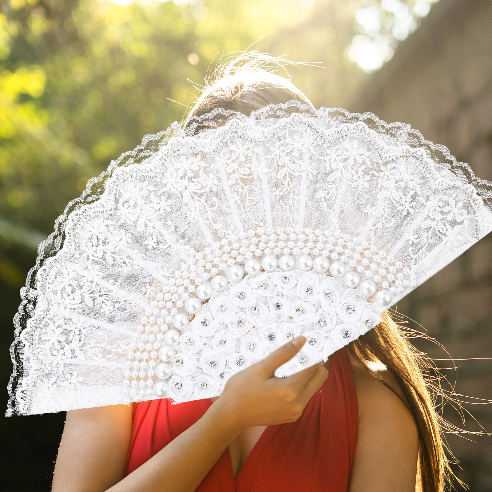 Classic Retro Pearl Lace Folding Fan Foldable Handheld Fan for Stage Show Party Birthday Decor Costume Collocation
