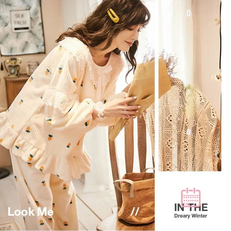 2024 neue Korallen samt Pyjamas Frauen Winter verdickte Prinzessin Stil Lounge wear Set Flanell süße Herbst Langarm Homewear