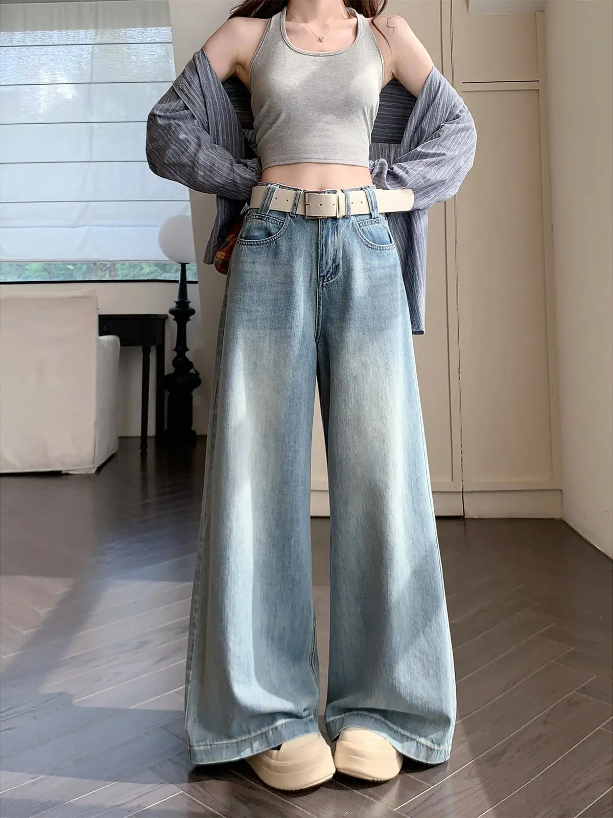 

Джинсы женские с высокой талией, широкими штанинами, в стиле ретро, из выстиранного денима, больших размеров, скрывающие недостатки фигуры, удлиненные, осенняя мода