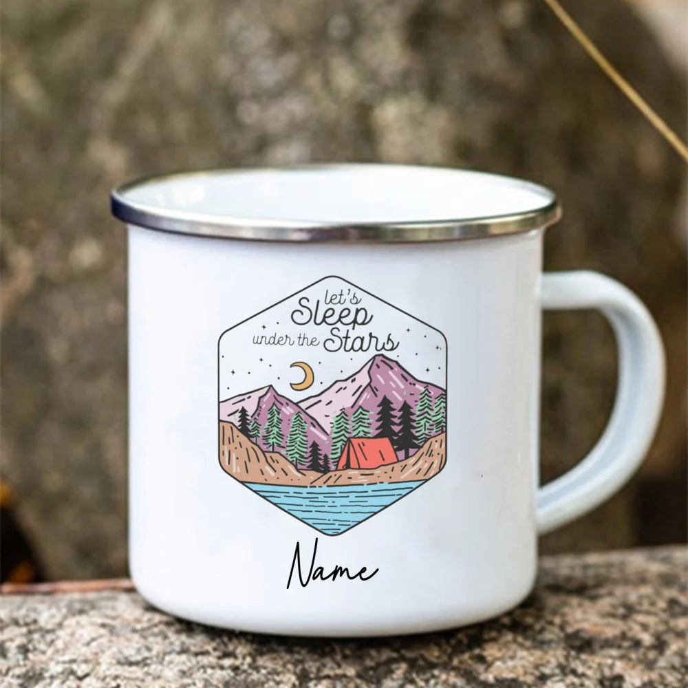 Nome personalizado Camping & Adventures Esmalte Canecas Mão Desenhada Logo Campervan Outdoor Coffee Handle Caneca Presente Campista