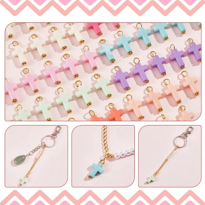 200 Pcs Cross Acrylic Pendants Random Colors Opaque Cross Pendants Crucifix Cross Charm Beads with Iron Finding for Easter DIY