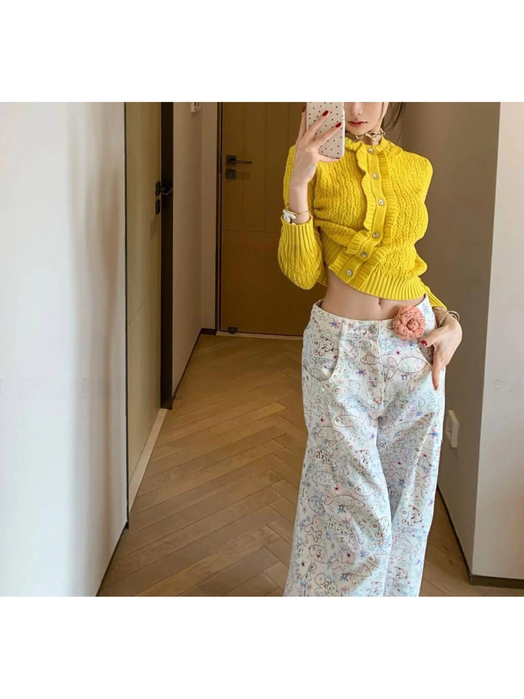 

Желтый вязаный кардиган с пуговицами, женский, с круглым вырезом, длинными рукавами, модный топ, дышащий, в стиле Ins.