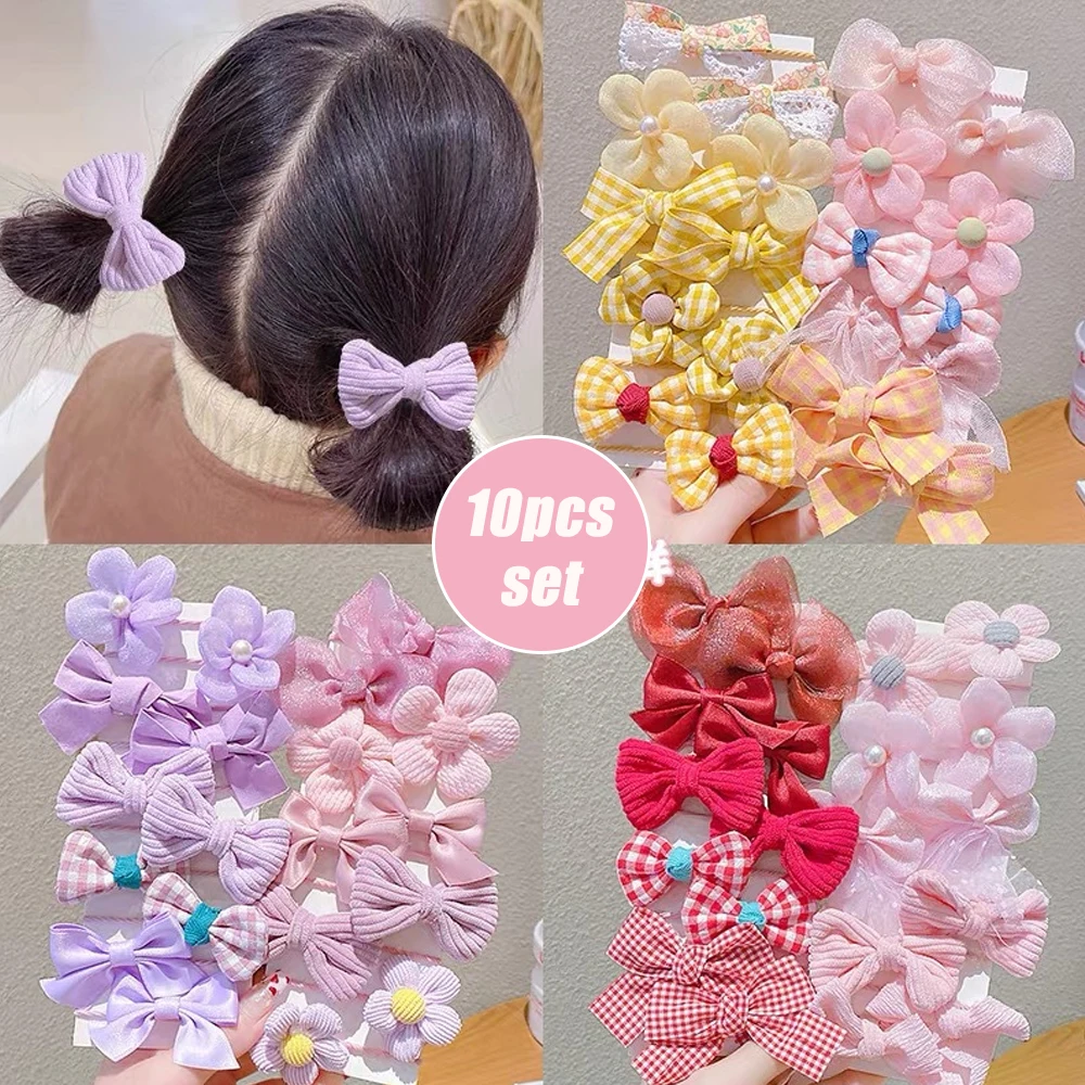 10pcs/Set Cute Bow Hair Ties Mixed Cloth Flower Hair Loops High Elastic Ponytail Holder Bands Birthday Gifts For Toddler Girls