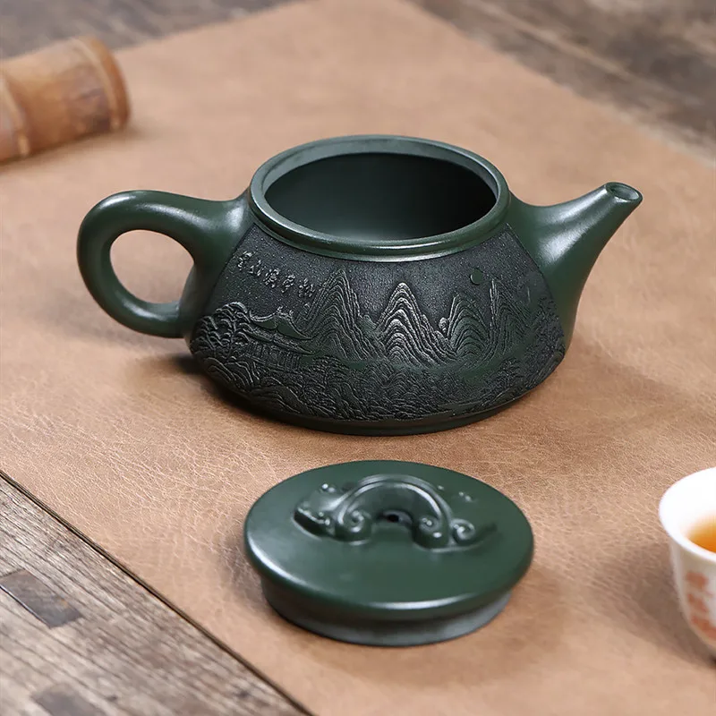 التقليد ييشينغ الأرجواني الطين إبريق الشاي الصينية اليدوية المشهد براد شاي الخام الخام الأخضر الطين غلاية المنزلية Zisha Teaware 340 مللي