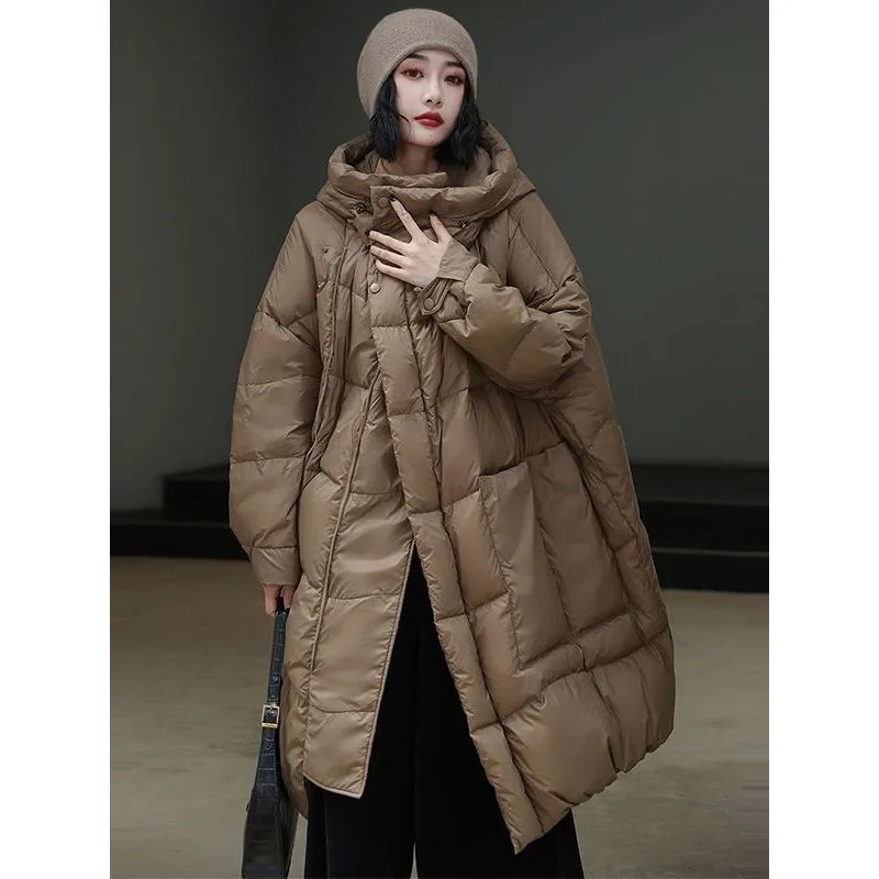 

Winter Coat Mid-length Hooded Korean-style Loose White Duck Down Jacket Trendy Outerwear The Style New Large-sized Down Jacket