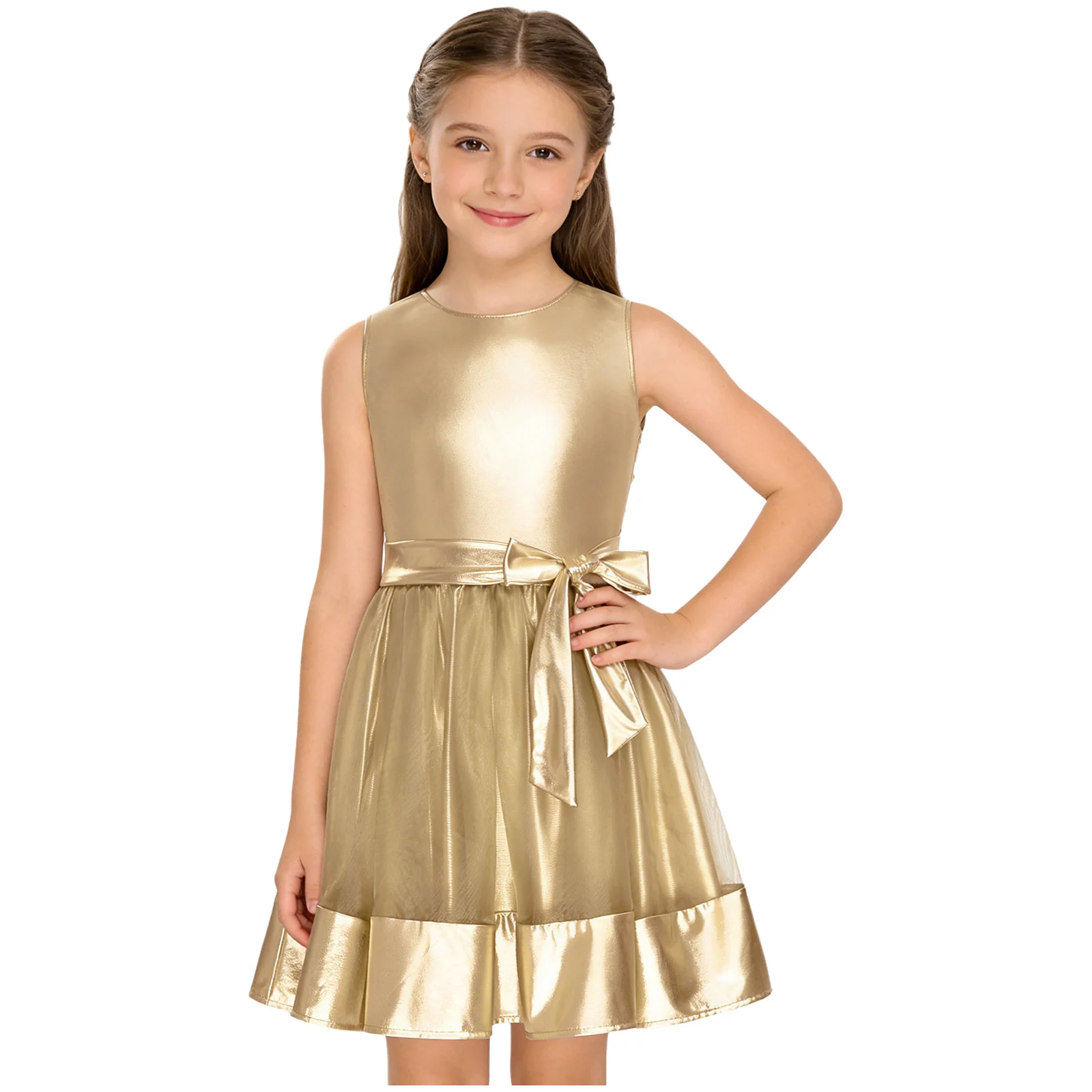 キッズメタリック光沢のあるダンスドレス女の子モダン社交衣装子供のカジュアルガールドレスファッショナブルなクリスマス宴会服