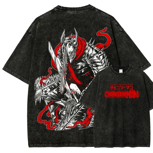 Imagen 2 del producto Camiseta lavada con ácido de Anime Mang, camiseta con gráfico de motosierra para hombres y mujeres, ropa de calle Harajuku de algodón pesado de gran tamaño para mujer y hombre