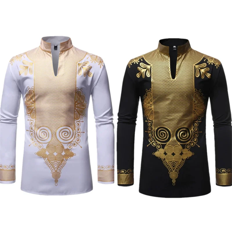 New Men Print African Print Dresses Rich Bazin Dashiki Long Sleeve T-shirt Traditional  2022 Fashion Style Adult Blouse Clothing