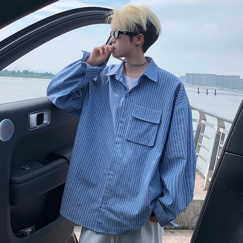 

Мужская рубашка в американском ретро-стиле, розовая, из тонкого шелка с полосками, для весны и осени, дышащая, с защитой от солнца...