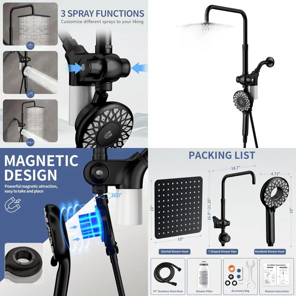 

Двойная душевая система высокого давления с ручным управлением и фильтром для мягкой воды, современный магнитный набор с регулируемой подъемной планкой (черный)