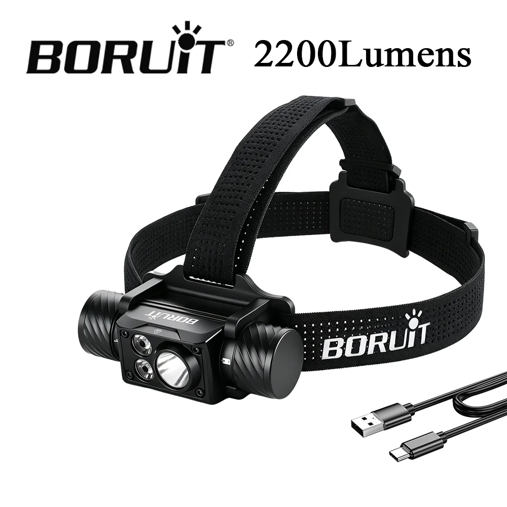 BORUiT 2200Lumens Headlight 180° Adjustable Headlamp 7Light Modes Type-C Rechargeable With Outdoor Camping Head Torch Lantern