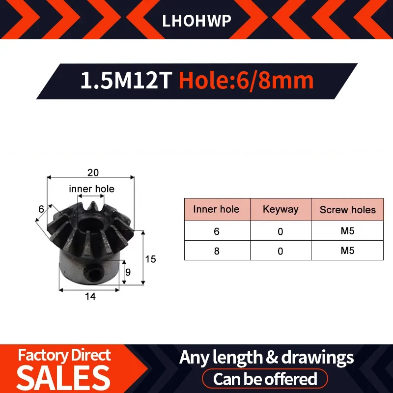 

45 Steel Fixed Gear 90 Degree Conical Cnc Inner Hole 6/8mm Electric Motor Bevel Transmission Straight Pinion Cone Quenching 90°