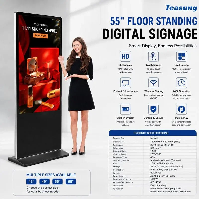 55 Inch Slim Indoor LED Display Advertising Board for Shopping Mall Digital Signage with Video Display