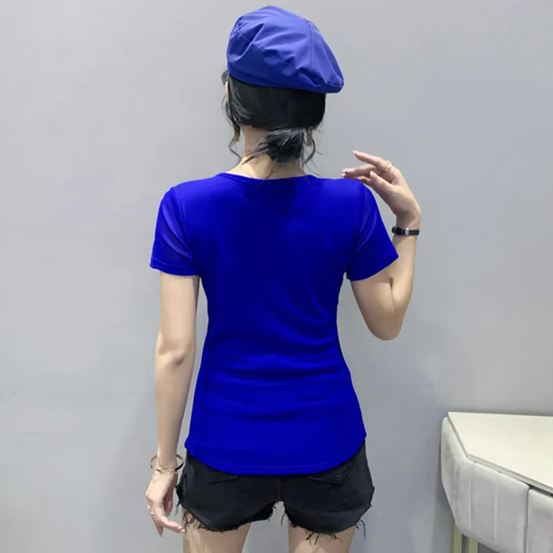 2023 Summer Short Sleeved Women's T-Shirt Fashion Sexy Hollow Out Solid Color Hot Diamonds Mesh Tops New Female Tees Blusas