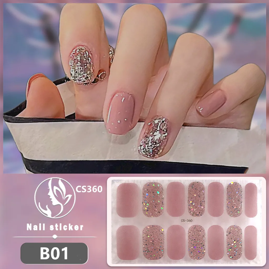 สติกเกอร์ติดเล็บลายกลิตเตอร์สีชมพู แบบไม่ต้องอบ สไตล์ฝรั่งเศส สีพื้น ติดแน่น ปิดเต็มเล็บ แบบแถบเลื่อน สำหรับตกแต่งเล็บเอง