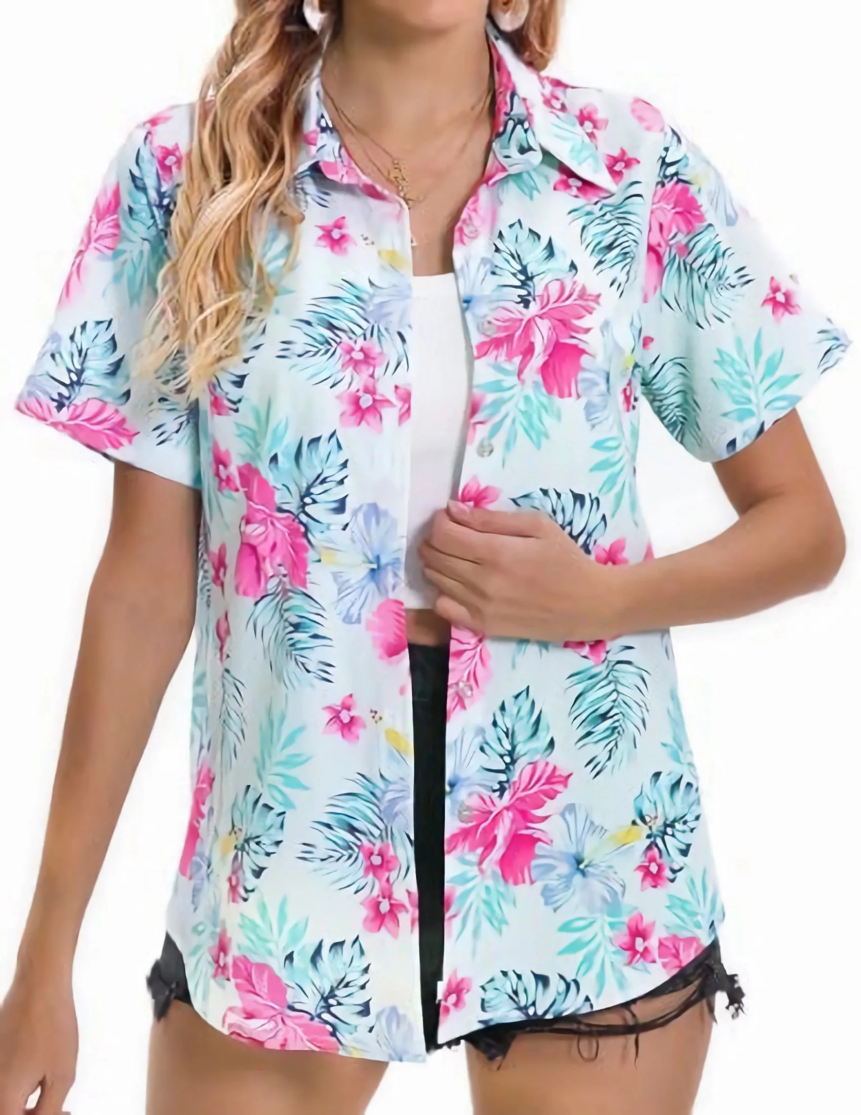 NEUE-Frauen Tropical Shirt Sommer Strand Hawaii Button-Down Kurzarm Blusen Floral Tops