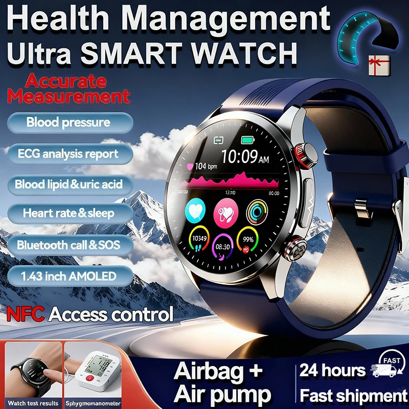 

New Blood Pressure Air Pump Airbag Health Check Smart Watch Men ECG Blood Fat Uric Acid Watches Bluetooth Call Sports Smartwatch