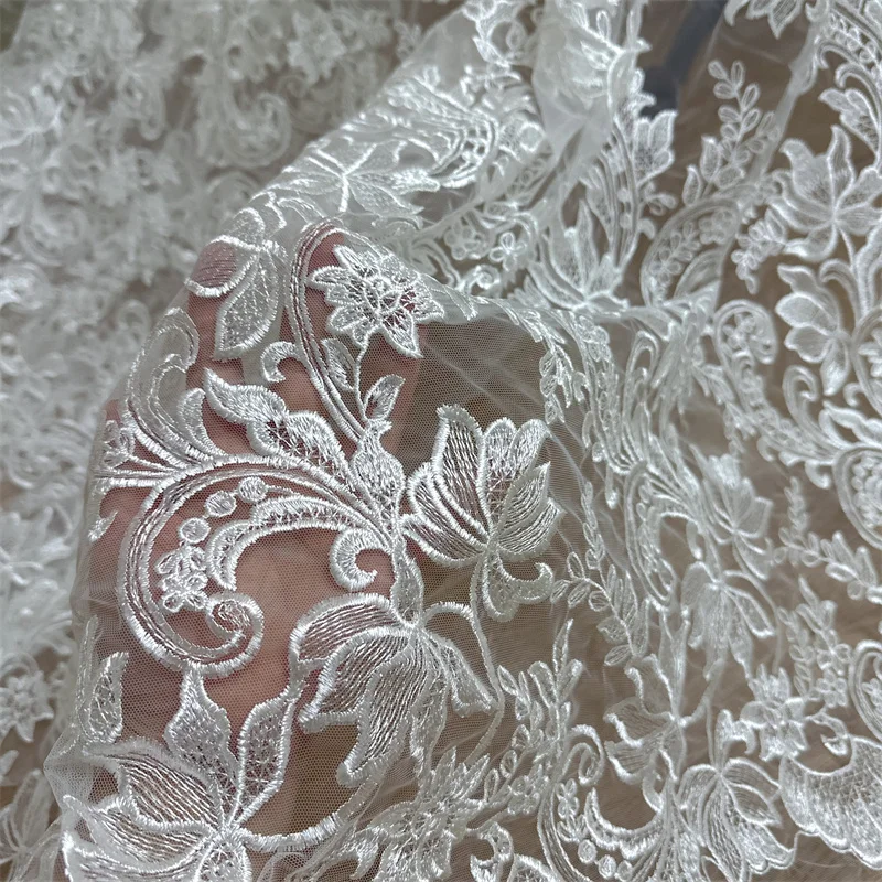 Super Hot Off White Embroidery Lace Fabric High Quality Mesh French Chantilly Guipure Lace Fabric 1 Yard