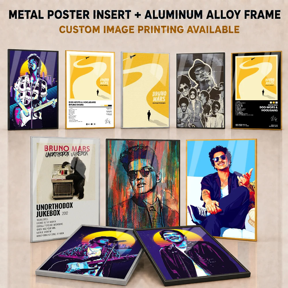 Bruno Mars Framed Aluminum Metal Poster Customized Photo Vibrant Pop Singer Style Wall Art For Music Room And Bedroom Fan Gift
