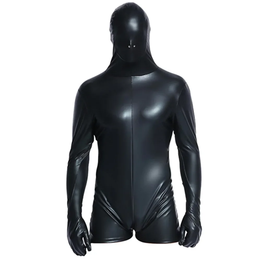 

Men Sexy Leather Bodysuit Double Zipper Open Crotch jumpsuit Erotic Shiny Latex Leotard Cosplay Prisoner Costume Gay Fetish Wear