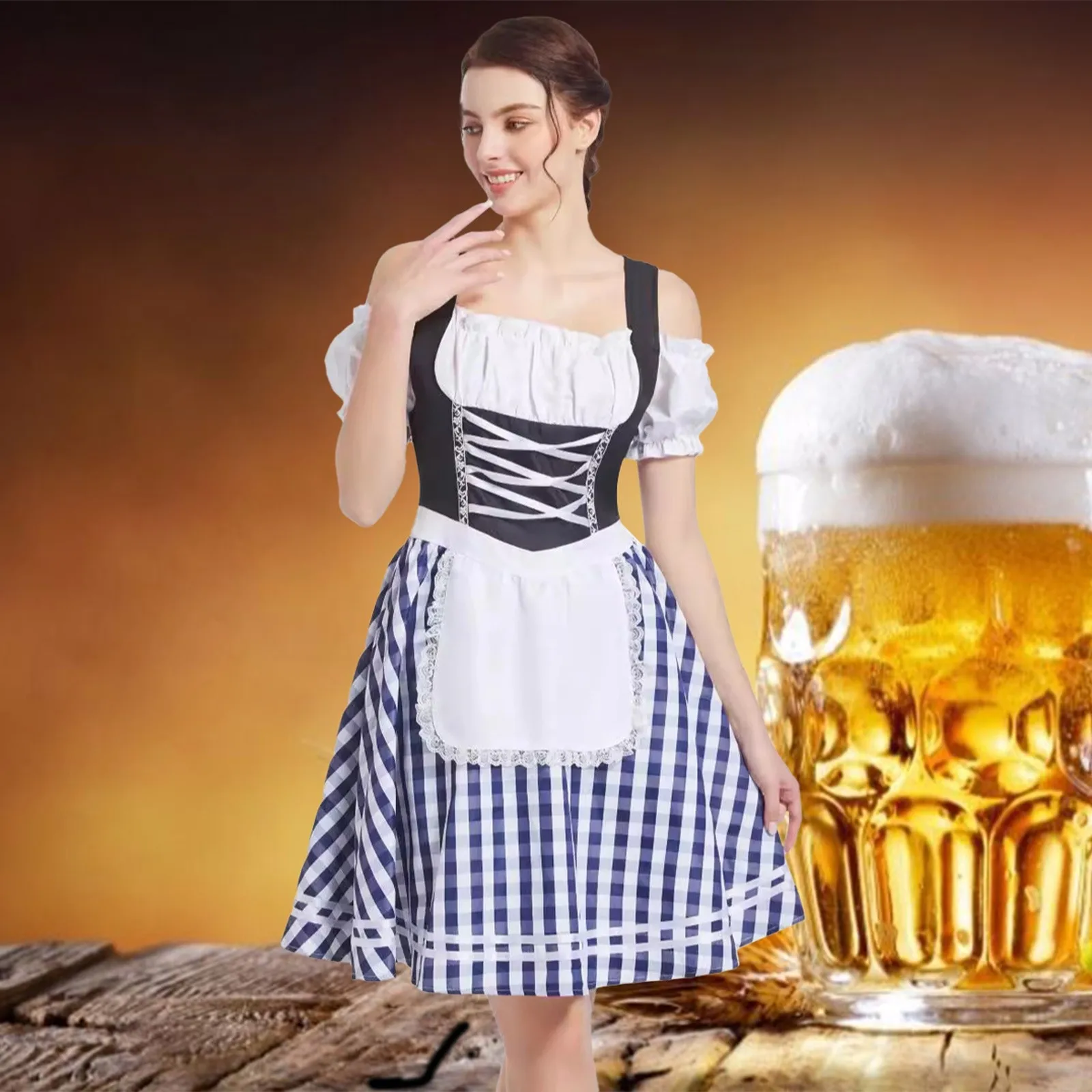 Traditional German Plaid Dirndl Dress Oktoberfest Costume Outfit For Adult Women Halloween Cosplay Fancy Party Vintage Dresses