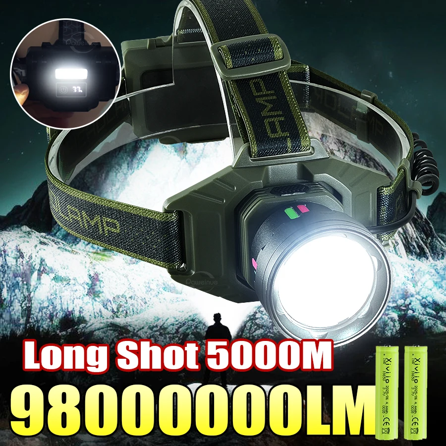 2026 NEW Ultra Powerful LED Headlight 98000000LM Strong Light Head Flashlight 18650 Waterproof Head Torch Camping Fishing Lanter