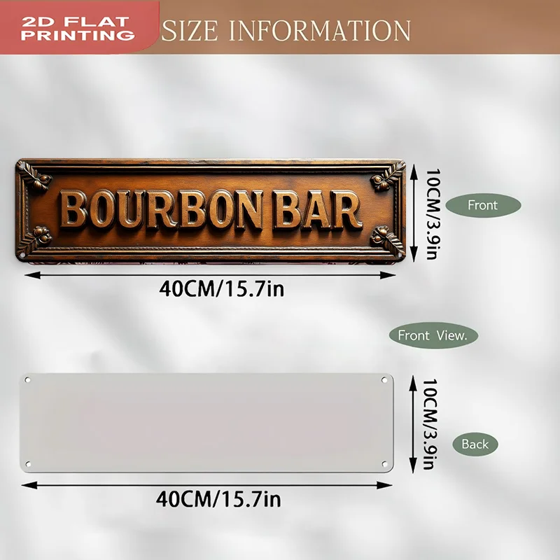 2D Flat, 2D Flat Vintage Bourbon Bar Metal Wall Sign - Ornate Aluminum Plaque with Pre-Drilled Holes,