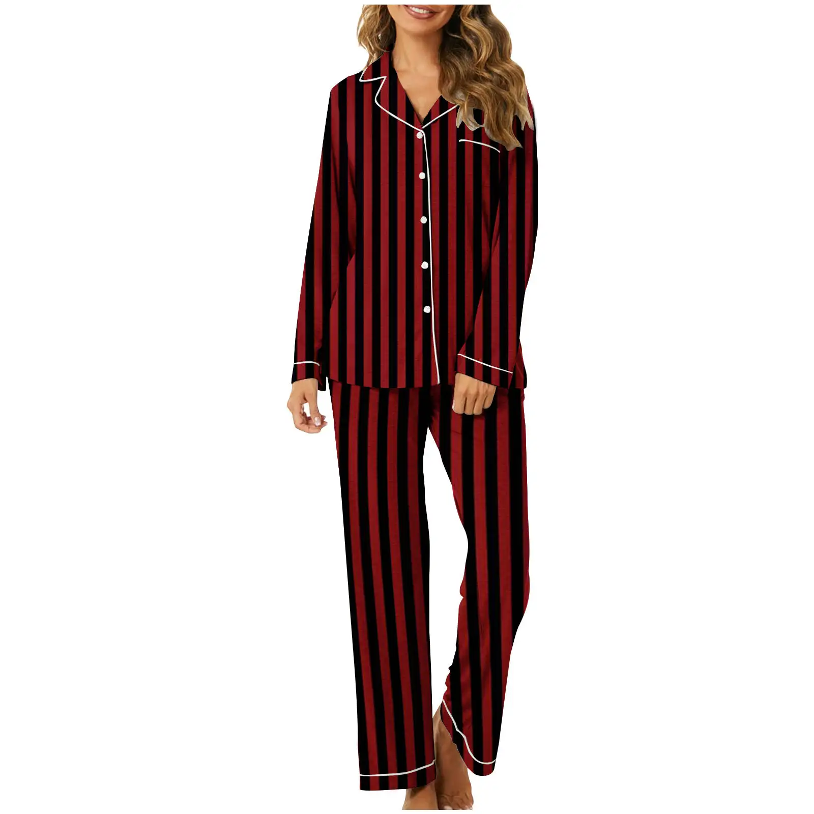 2024 Autumn Fashion Pajamas Set Women's Stripe Print Long Sleeve And Elastic Waist Loose Pant 2 Piece Suit Homewear Female