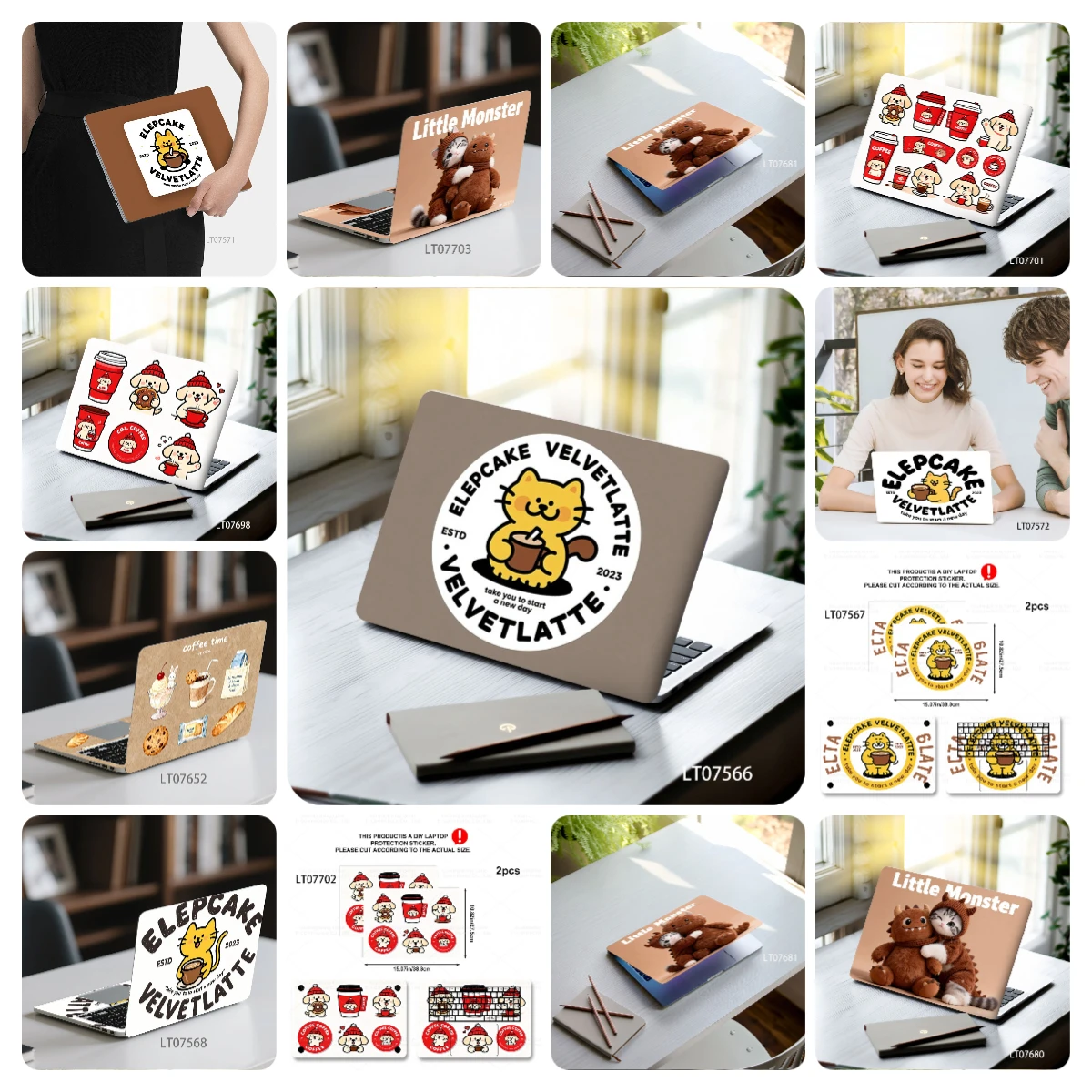 2PCS Cute Coffee Cat Laptop Skin Sticker, Retro Cartoon Velvet Latte Logo Decal Cover for Macbook HP Dell Lenovo