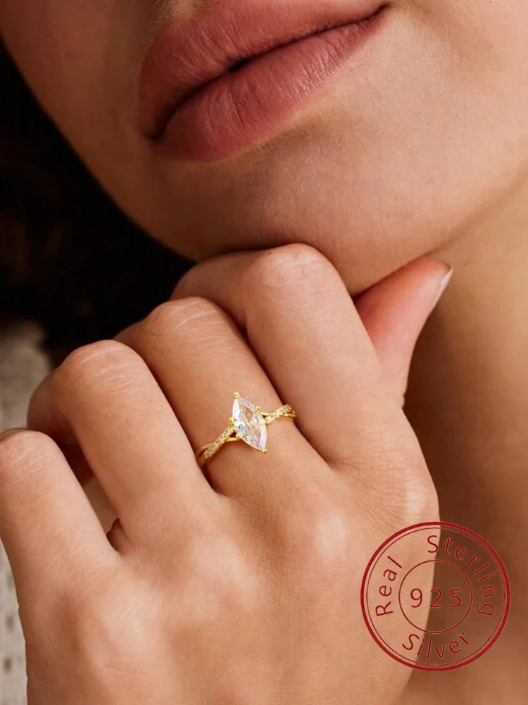 

925 Sterling Silver Golden Gorgeous Shining Marquise Zircon Ring For Women Anniversary Wedding Daily Wear Luxury Fine Jewelry
