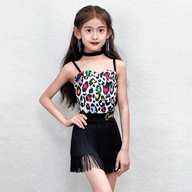 

Детская одежда для тренировок по латинским танцам, красочная леопардовая черная юбка с бахромой, костюм для танцев ча-ча-самба для девочек, комплект для тренировок VBH2710
