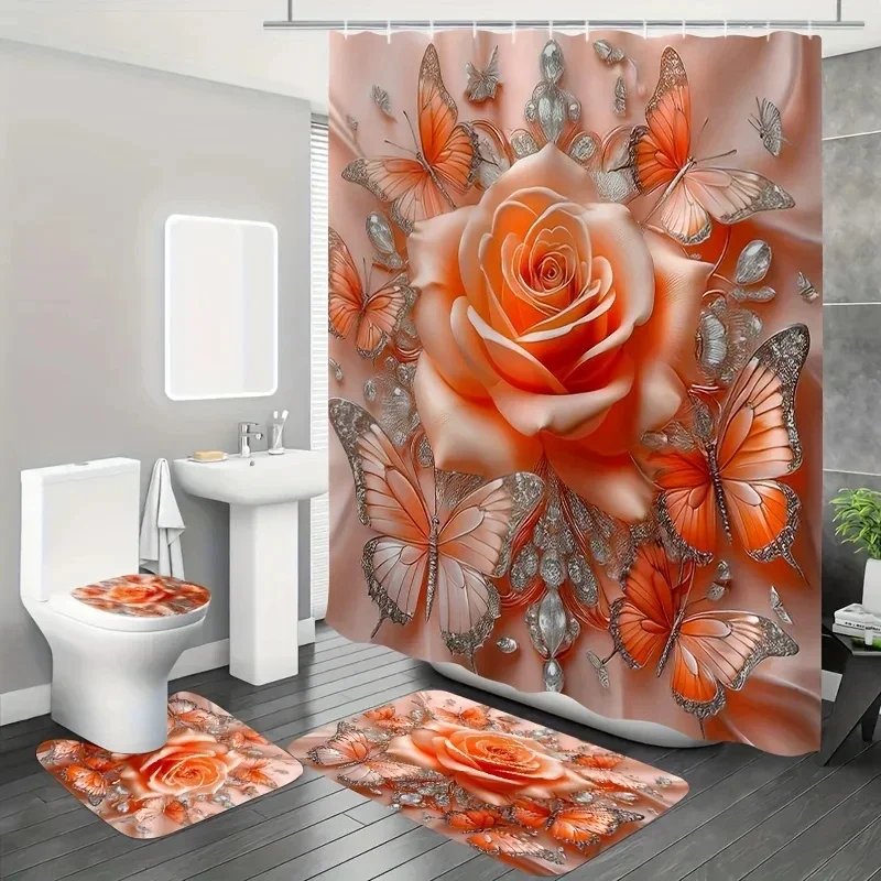 4pcs, Orange rose exquisite butterfly pattern, Apartment bathroom Shower Room shower curtain, hotel shower curtain set with