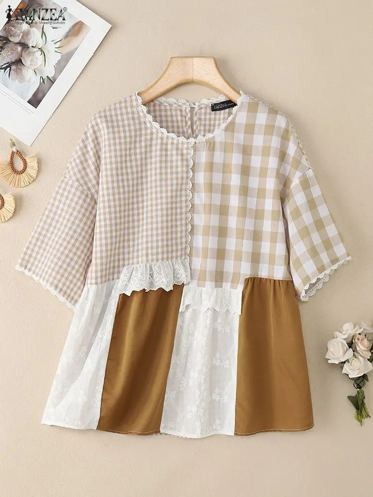 

Женские винтажные клетчатые лоскутные блузки с кружевной отделкой, лето 2025 г., повседневные топы с круглым вырезом и половиной рукавов, ZANZEA, женская одежда, 3 цвета, S-3XL