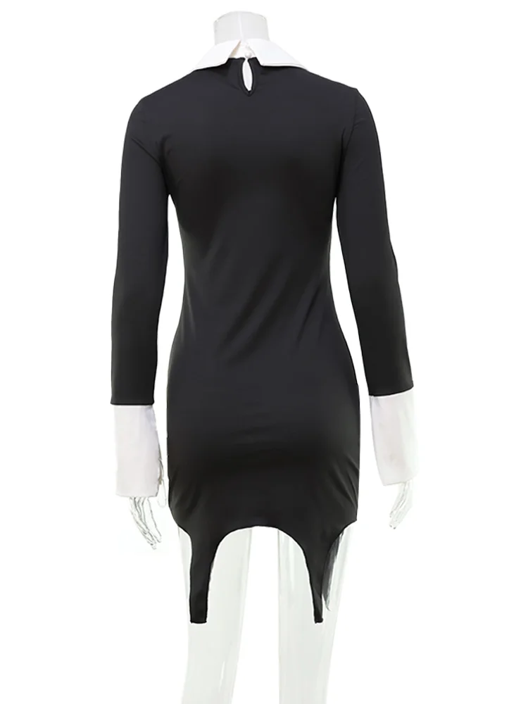 CNYISHE Turn-down Collar Solid Patchwork Long Sleeve Women Dresses Hip Wrap Fashion Sheath Outfits Female Sexy Club Bodycon Robe