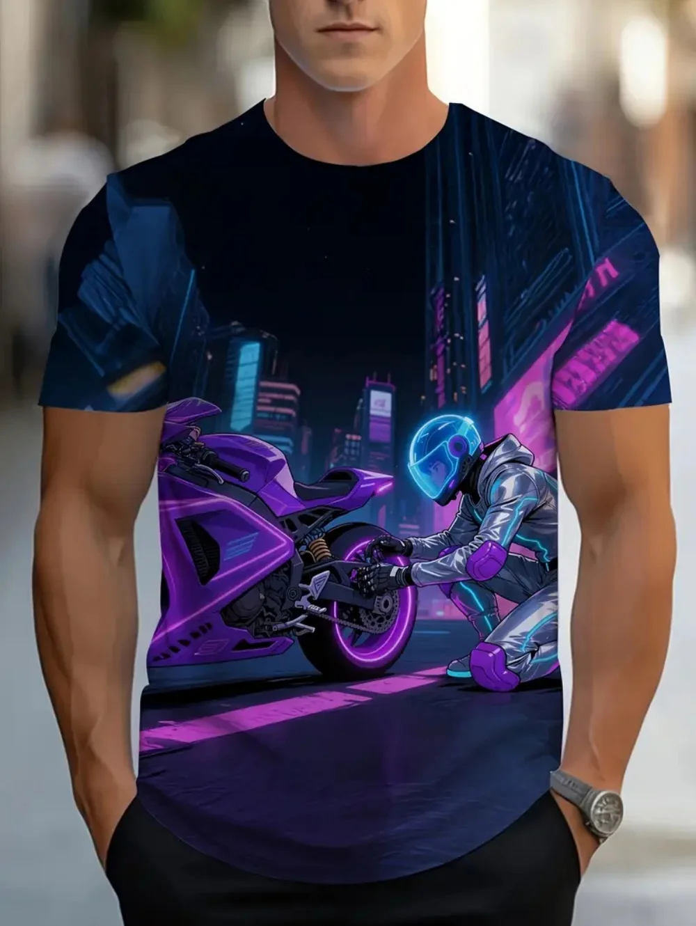 Vintage Herren-T-Shirts mit Motorrad-Print, Grafik-T-Shirts mit Motorfahrzeug-Motiv, Sommermode, lässige Streetwear, Oversize-Herrenbekleidung – Detail 4