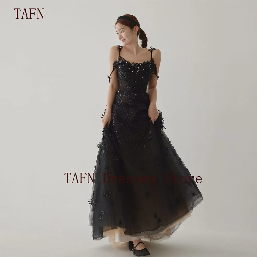 

TAFN Gorgeous Black Wedding Dresses Photo Shoot Spaghetti Straps 3D Appliques Lace A-line Floor-Length Evening Party Gown