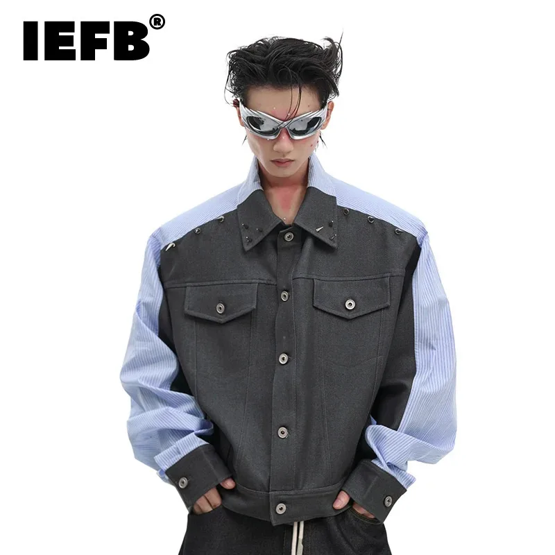 IEFB Korean Style Patchwork Design Men's Jackets Metal Rivet Loose Single Breasted Long Sleeved Shirt Contrast Color Top 24E2508