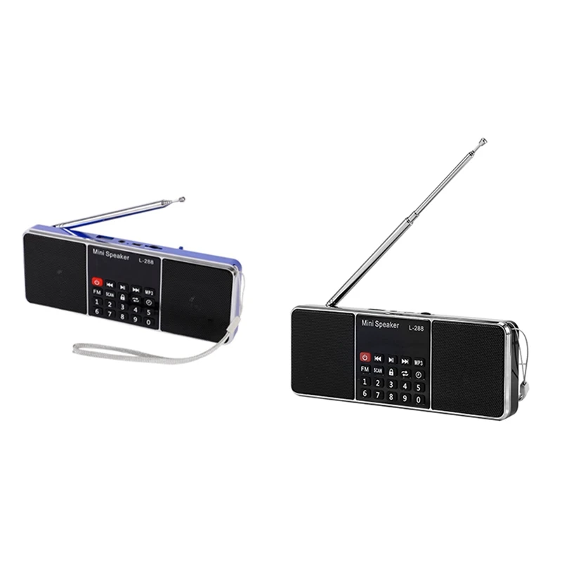 

2 Pcs Mini Rechargeable Stereo L-288 FM Radio Speaker LCD Screen Support TF Card USB Disk MP3 Music Player(Blue & Black)