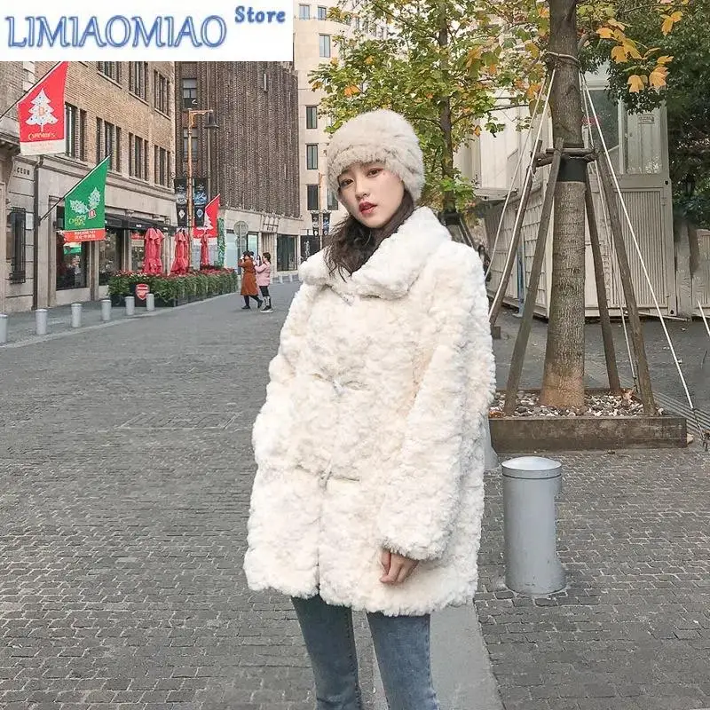 

New Autumn Winter All-match Lamb Velvet Thickened Fur Coat Imitation Sable Rabbit Fur Languid Wind Horn Buckle Furry Coat