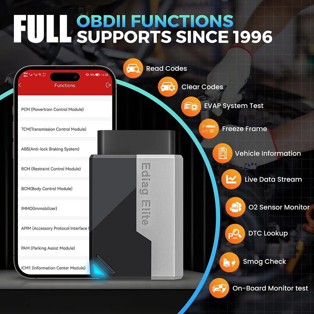 الماسح الضوئي Kingbolen Ediag Elite Obd2 جميع النظامات اختبار نشط 15+ إعادة تعيين لنظام iOS وAndroid، أداة مسح بلوتوث، تحديث مجاني مدى الحياة