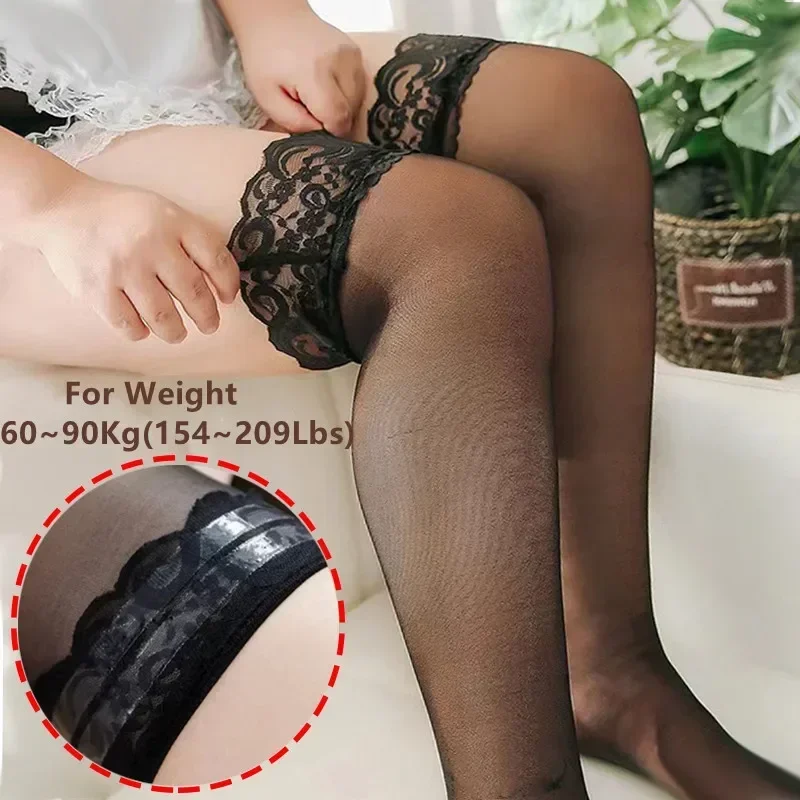 

Plus Size Women Stockings Sexy Black White Thigh Long Socks Lace Top Over Knee High Silk Stocking with Anti-slip