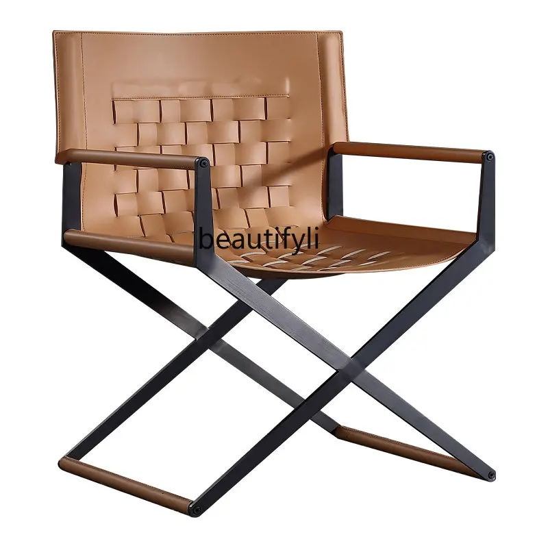 

Woven Leather Stainless Steel Leisure Chair Italian-Style Saddle Leather Armrest Study Chair Designer Classic Bauhaus Chair